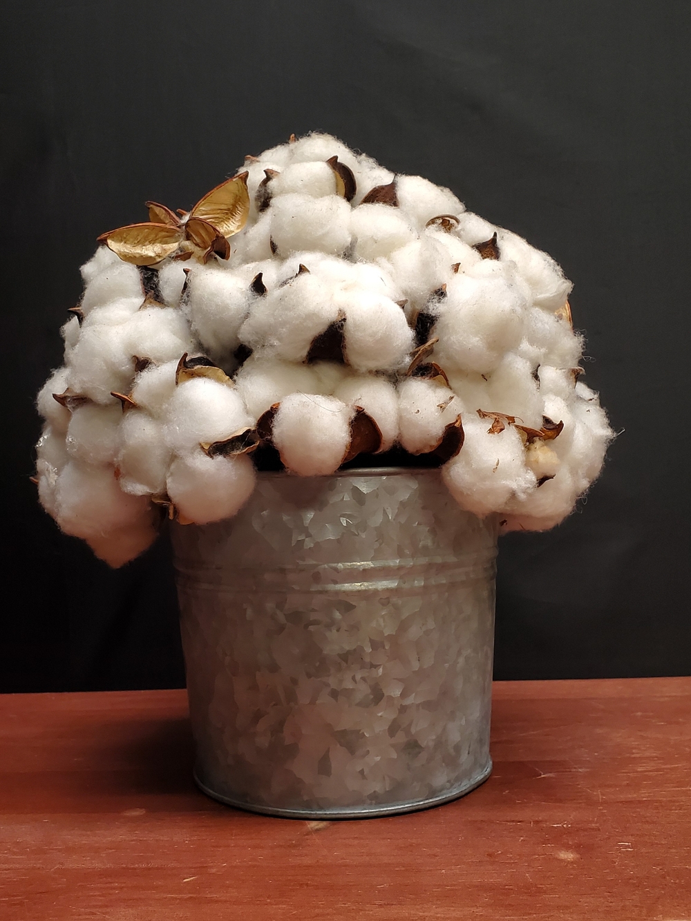 Cotton Boll Floral Arrangement in Galvanized Tin Metal Pot Bucket